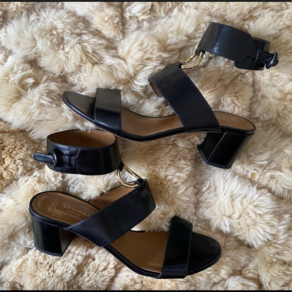 Aquazzura Italian black leather sandals 2.5” heel gold O-ring chic 10 / 10.5